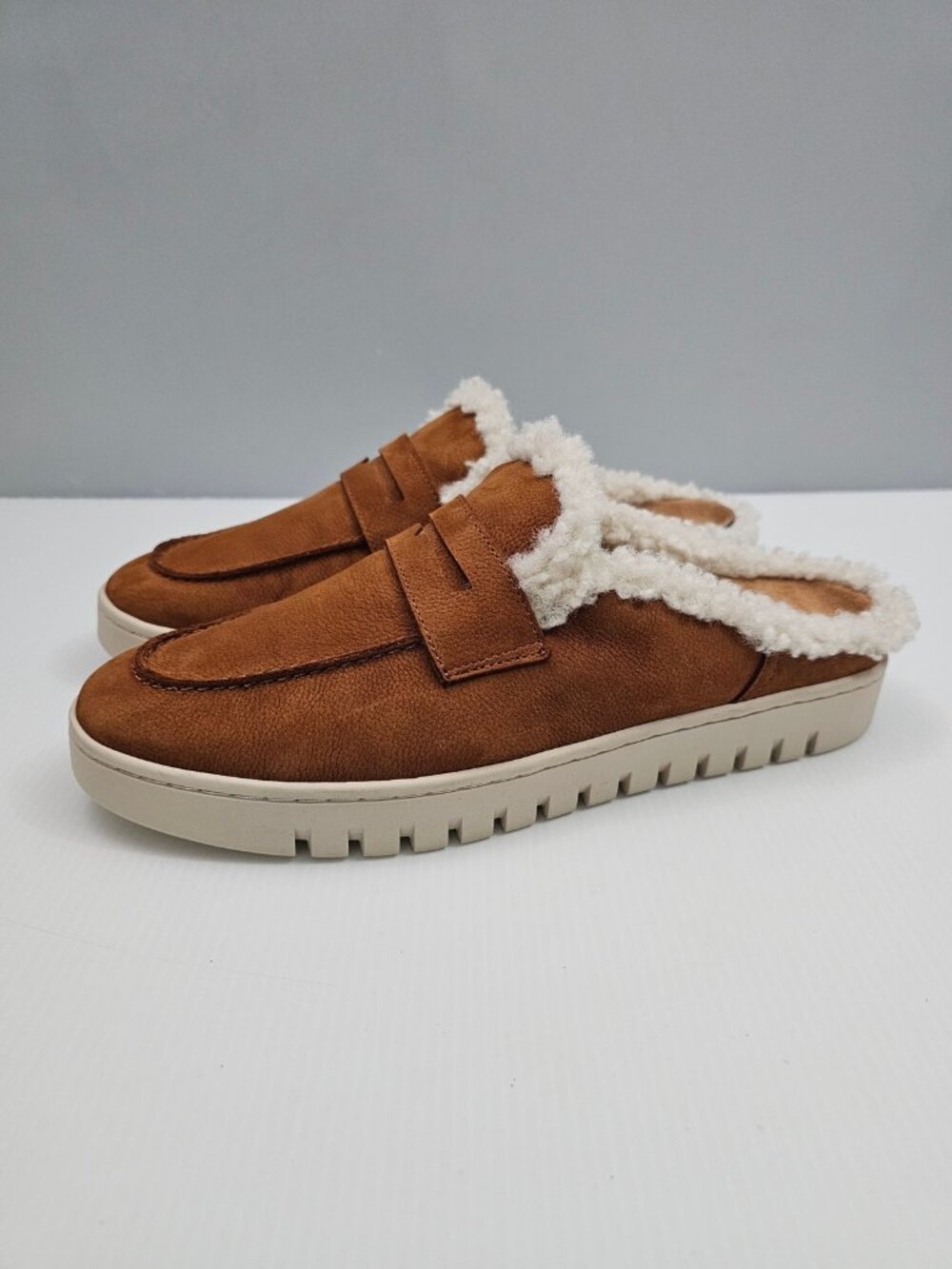 Vionic Uptown Platform Loafer Mule Womens 9 Brandy Suede Faux Shearling Comfort